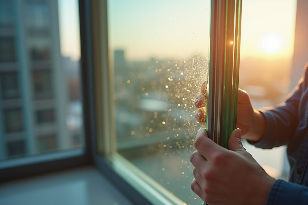Mains installant des panneaux en triple vitrage sur façade