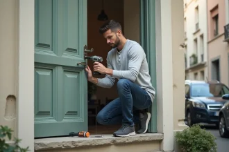 Homme installant un verrou de sécurité sur une porte d'entrée dans un appartement en location au Havre