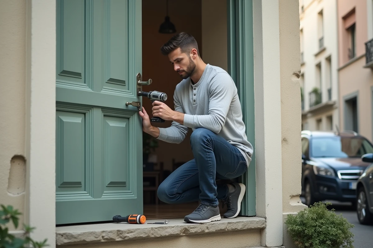 Homme installant un verrou de sécurité sur une porte d'entrée dans un appartement en location au Havre