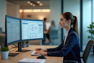 Professionnelle connectant des outils CRM sur un poste de travail moderne pour un suivi client fluide