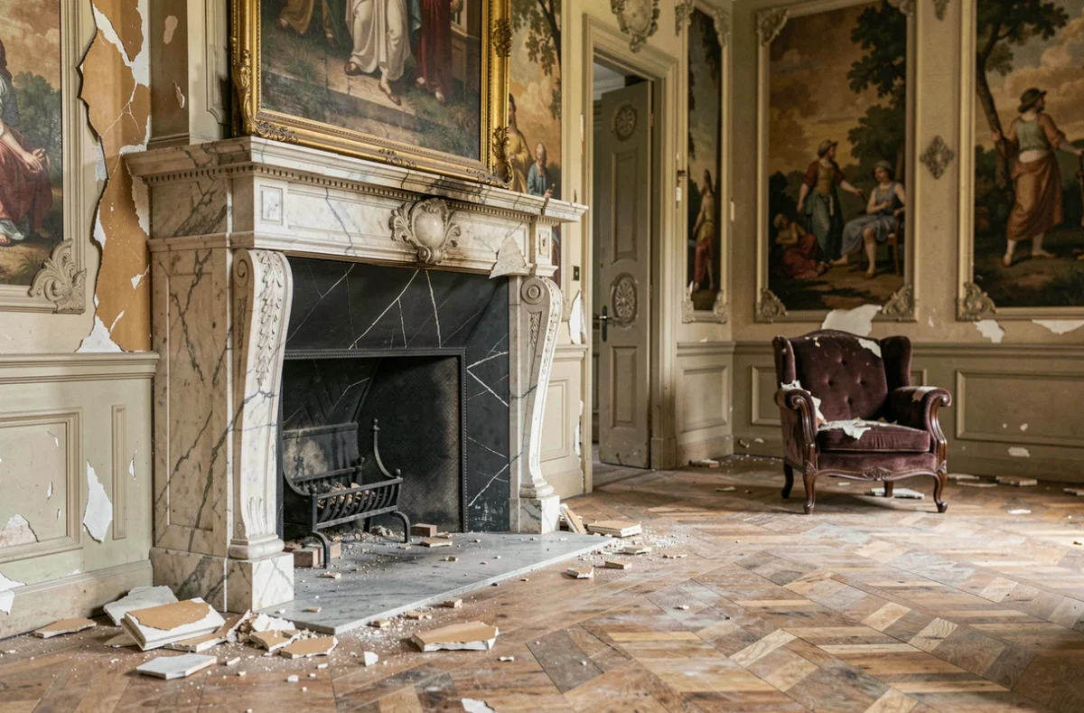 Intérieur délabré d'un château à l'abandon avec cheminée en marbre fissuré, parquet poussiéreux et fresques murales détériorées