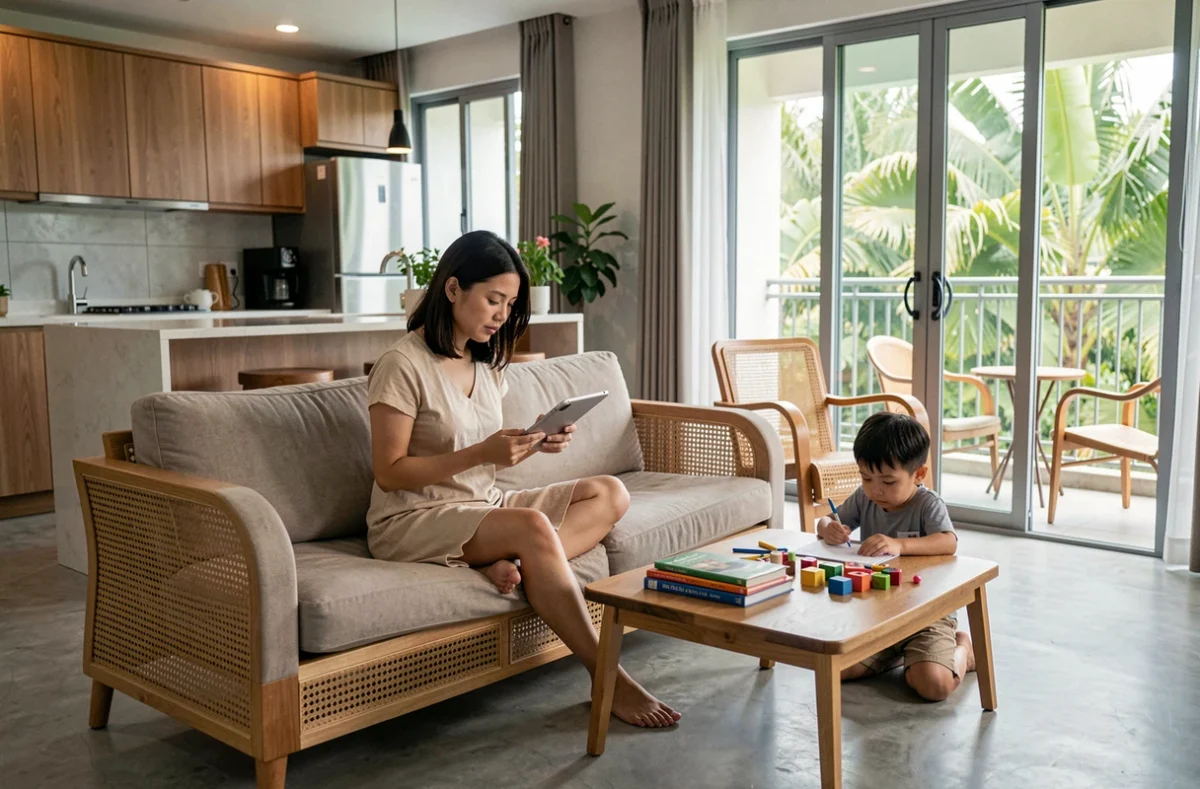 Intérieur spacieux d'un appartement en condo en Thaïlande aménagé pour une famille avec enfants