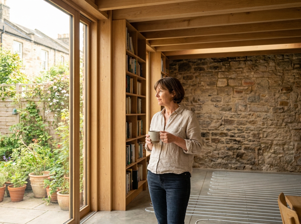 Femme appréciant son extension en bois à Nantes, intérieur avec poutres apparentes, sol béton et vue sur jardin urbain à travers baies vitrées