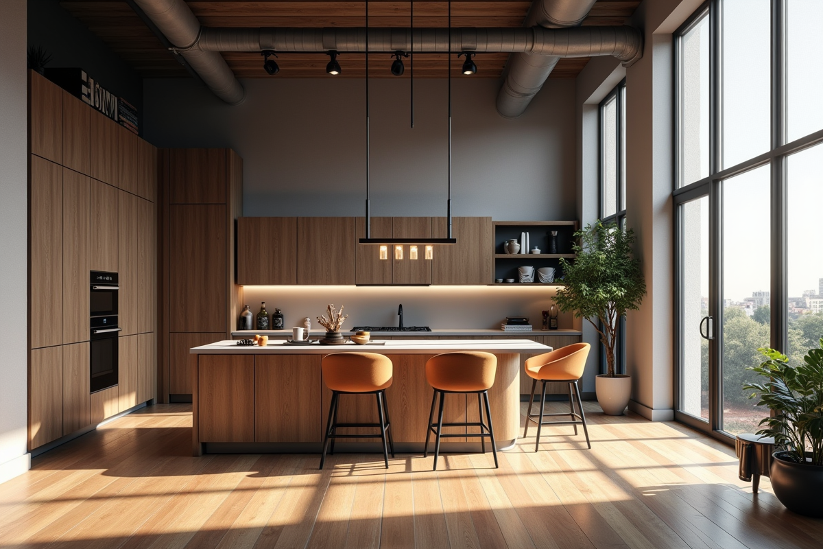Intérieur de loft moderne avec cuisine design et lumière naturelle