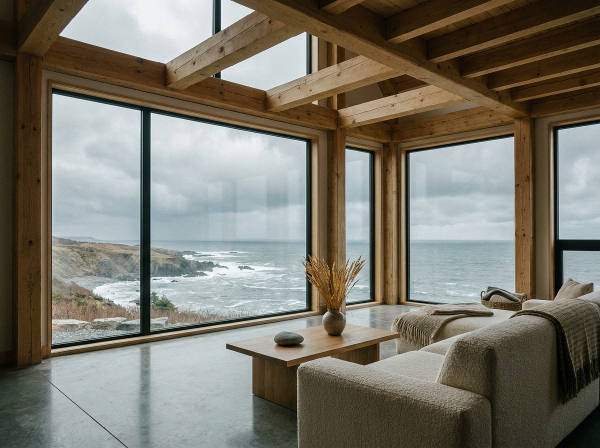 Intérieur d'une maison en bois avec vue panoramique sur l'Atlantique à Saint-Nazaire, poutres apparentes et baie vitrée