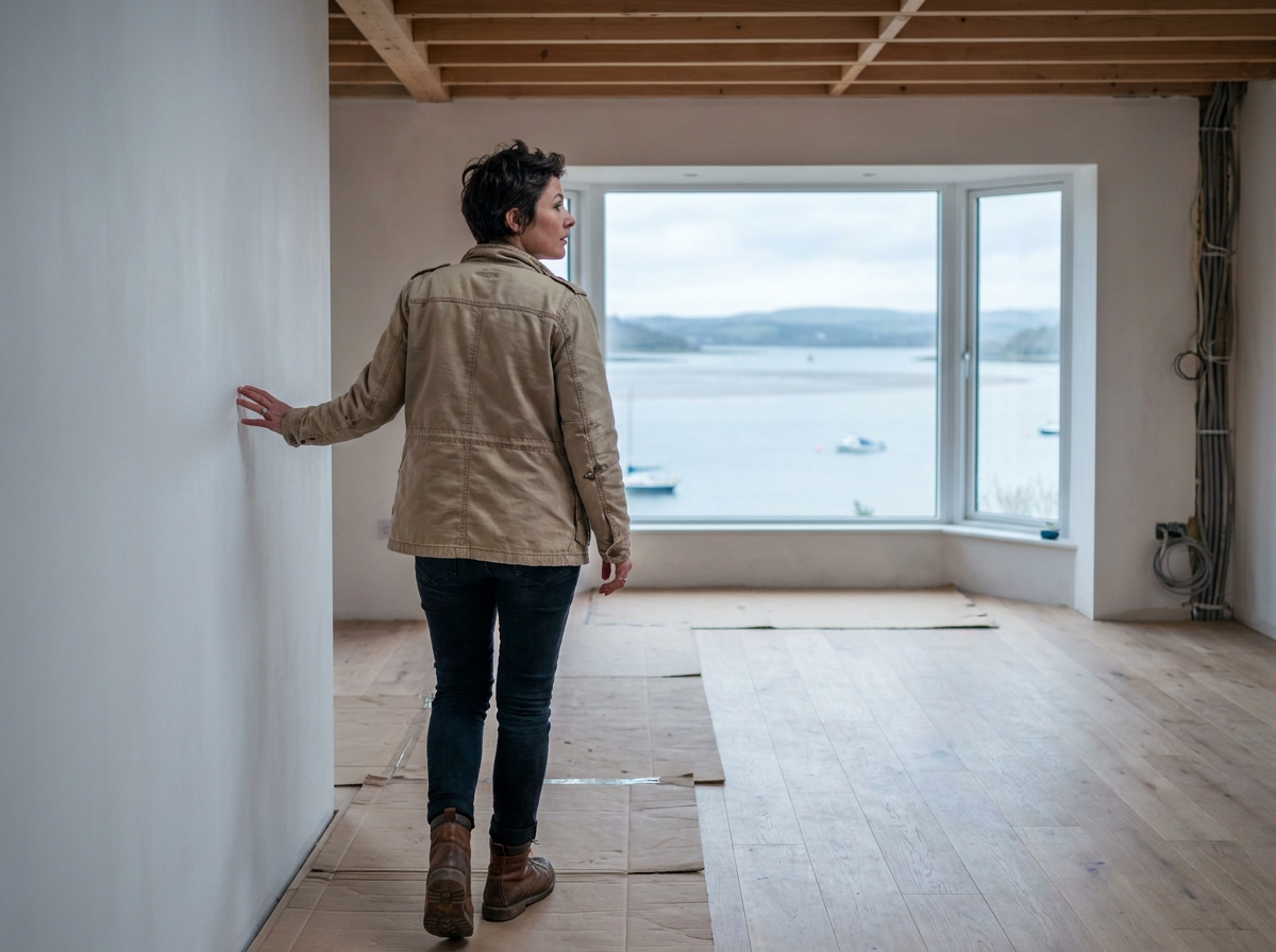 Femme visitant l'intérieur de sa maison neuve en construction à Saint-Nazaire avec vue sur l'estuaire