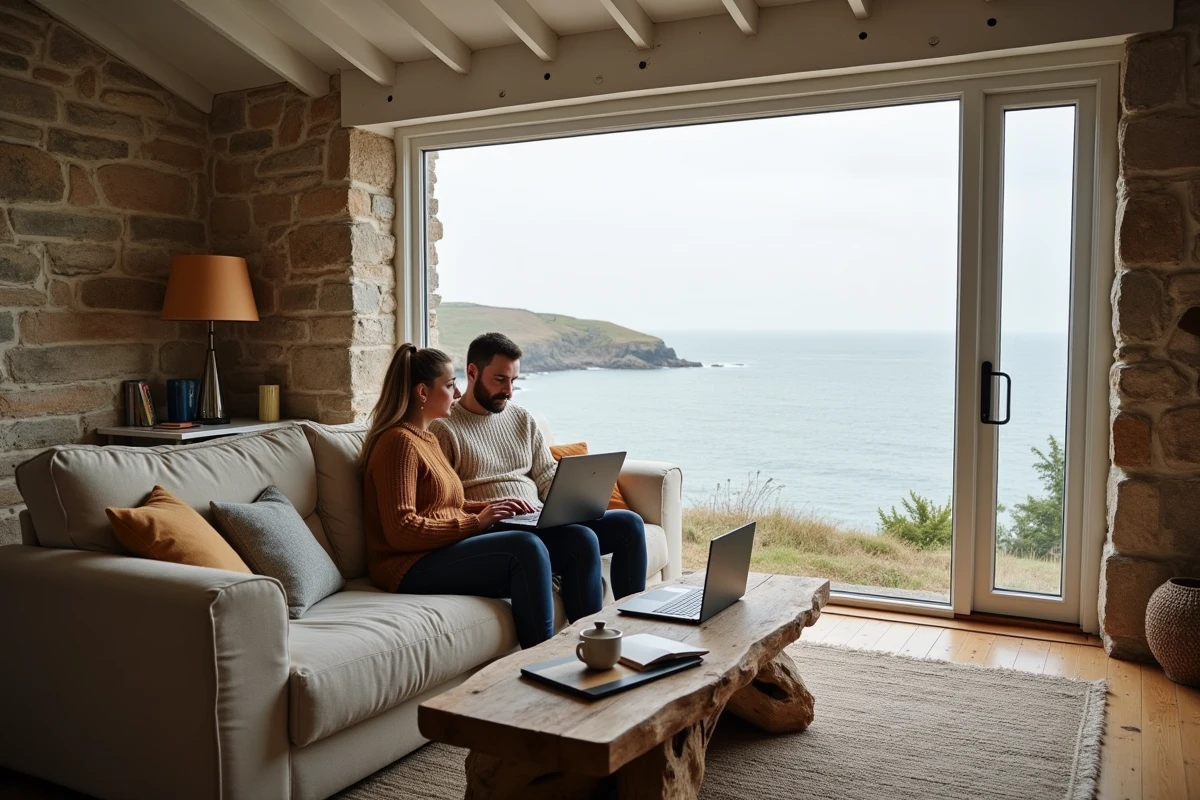 Intérieur chaleureux d'une maison de pêcheur rénovée en Bretagne avec vue mer et espace télétravail