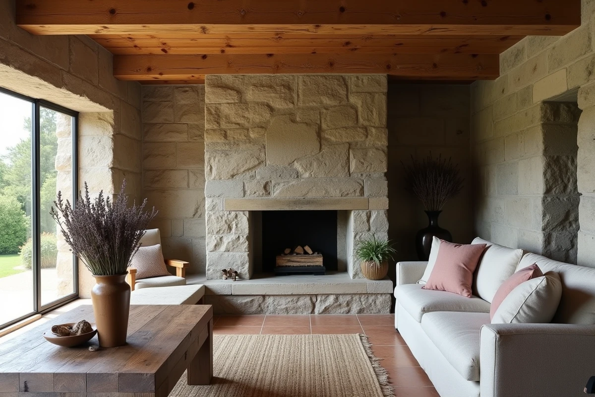 Intérieur restauré d'une maison en pierre bretonne avec poutres apparentes et cheminée en granit