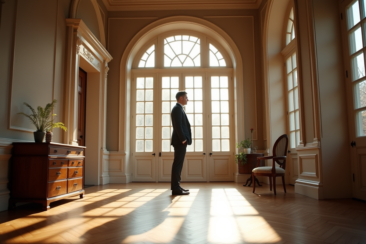 Propriétaire élégante dans intérieur lumineux d une maison ancienne