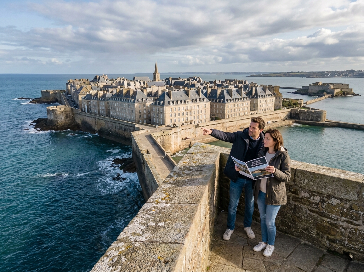 Couple discutant d'investissement immobilier locatif sur les remparts de Saint-Malo avec vue sur la ville et l'océan