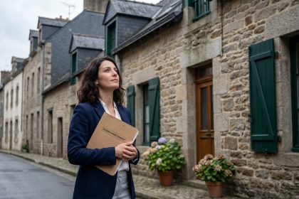 Femme investisseuse immobilière devant des maisons en pierre bretonne à Rennes, étudiant le marché locatif