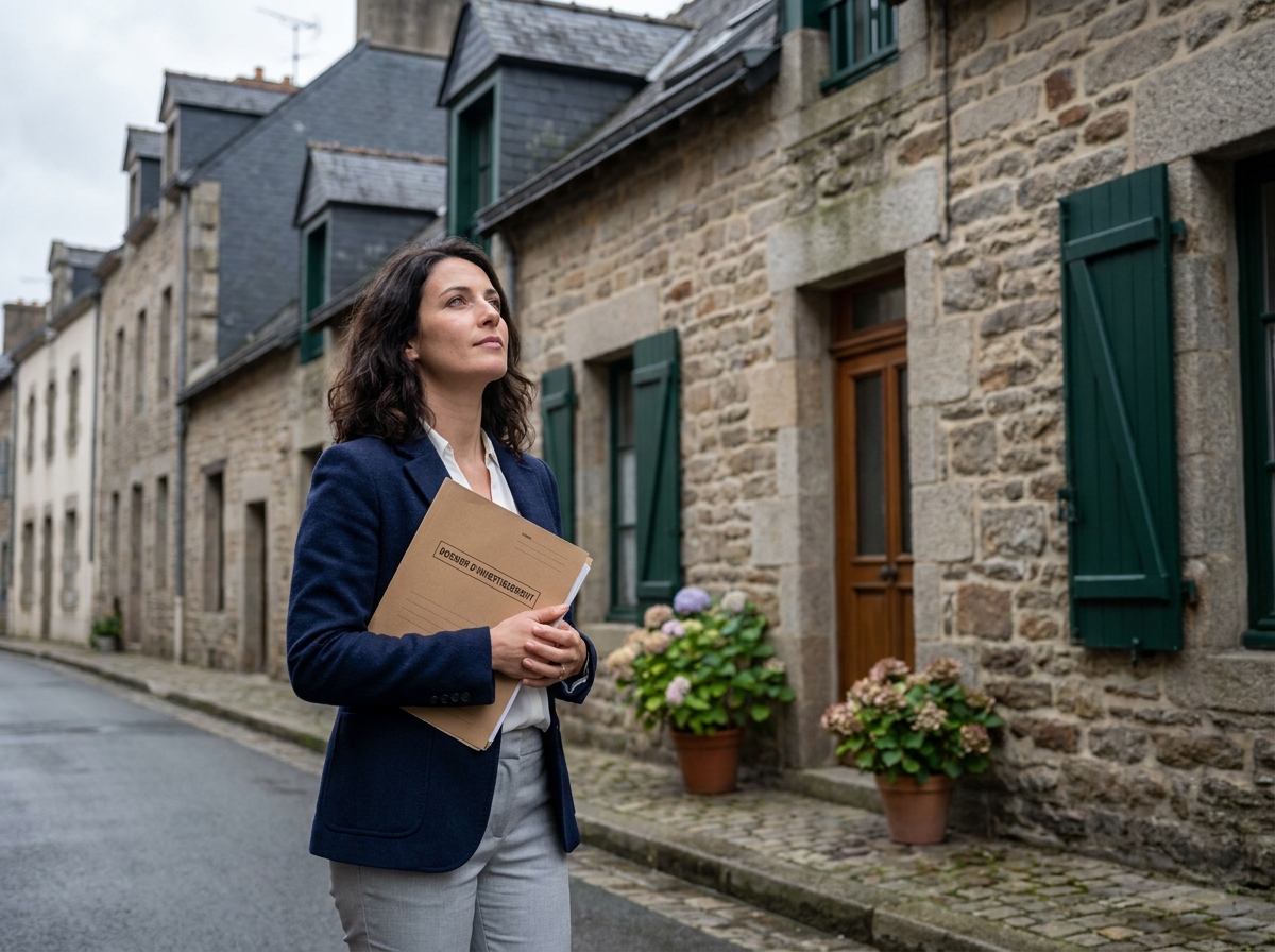 Femme investisseuse immobilière devant des maisons en pierre bretonne à Rennes, étudiant le marché locatif