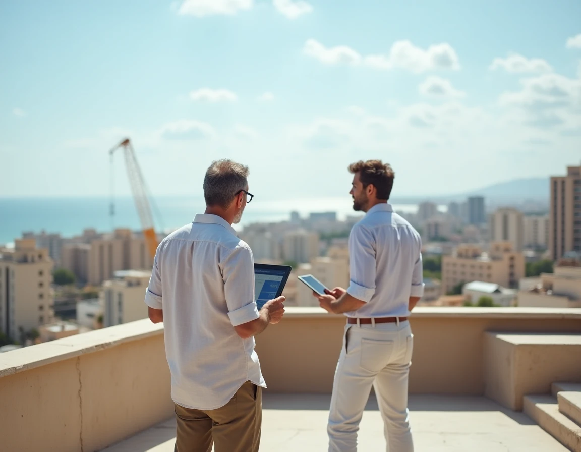 Investisseur européen consultant une application d'évaluation immobilière sur une terrasse d'appartement neuf à Rabat