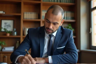 Investisseur marocain en costume marine examinant des documents immobiliers dans un bureau de notaire à Casablanca