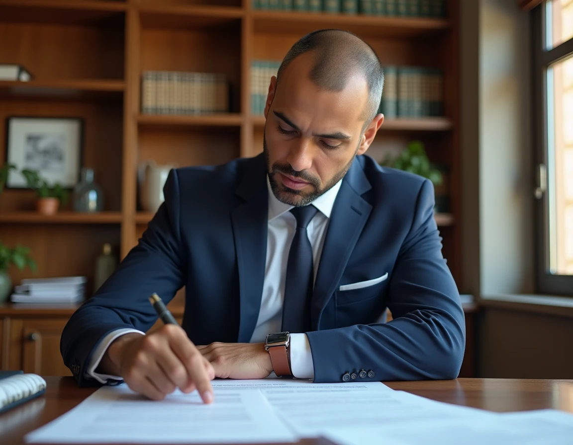 Investisseur marocain en costume marine examinant des documents immobiliers dans un bureau de notaire à Casablanca