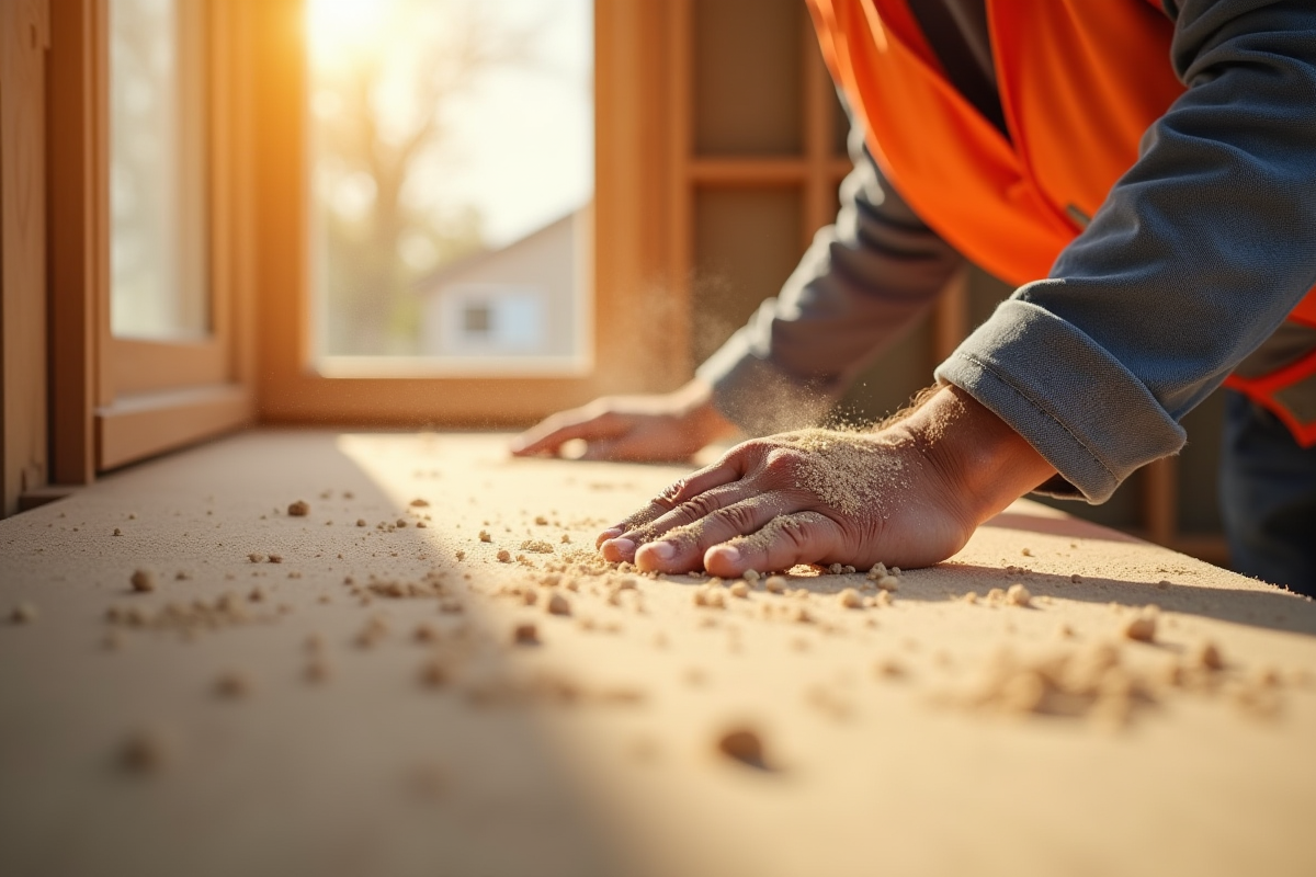 Ouvrier installant isolation écologique dans maison lumineuse