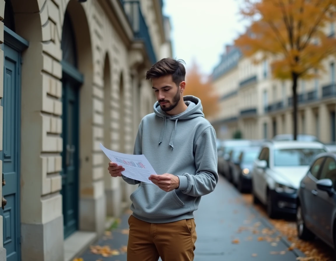 Jeune homme étudiant un document de simulation de prêt devant un immeuble résidentiel à vendre en ville