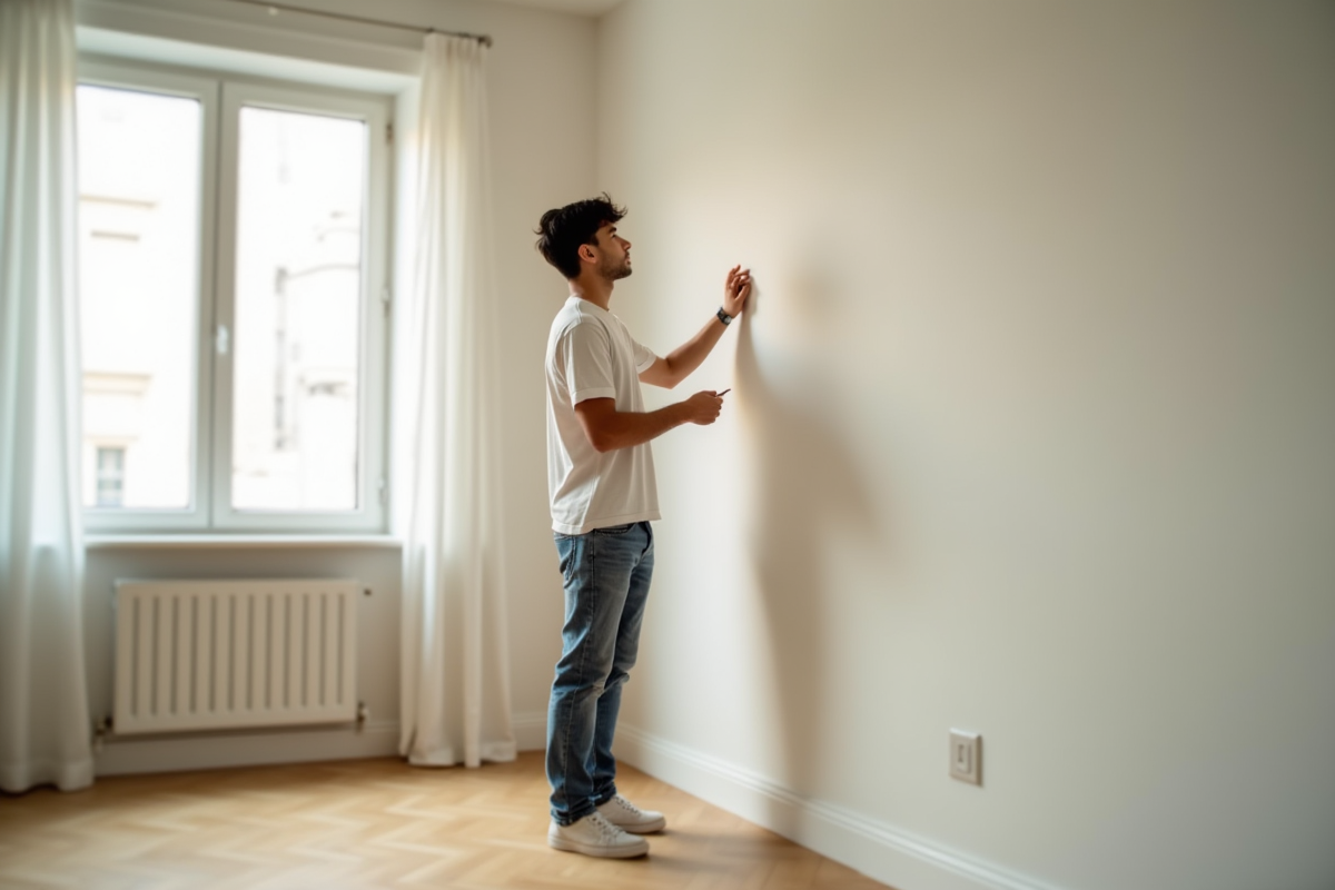 Jeune adulte inspectant un mur dans un appartement lumineux