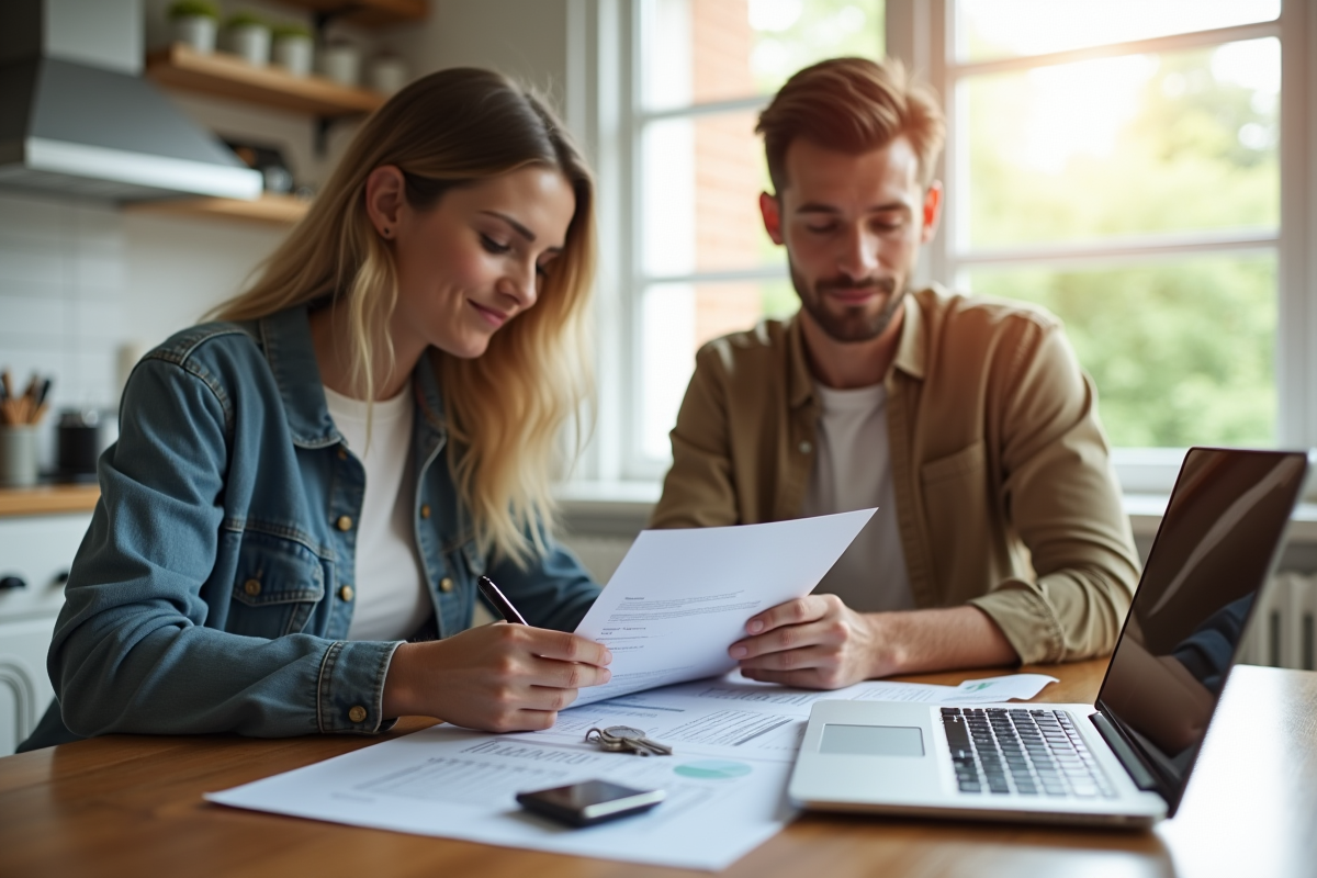 Jeune couple discutant de documents immobiliers à la maison