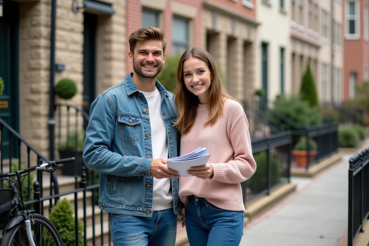 Jeune couple devant une maison achet&eacute;e