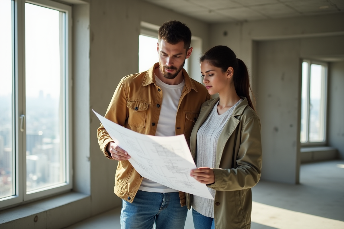 Jeune couple examinant un plan dans un appartement en construction
