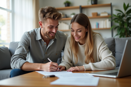 Jeune couple signant un contrat d'assurance logement dans un salon lumineux