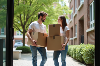 Jeune couple souriant avec cartons pour déménagement
