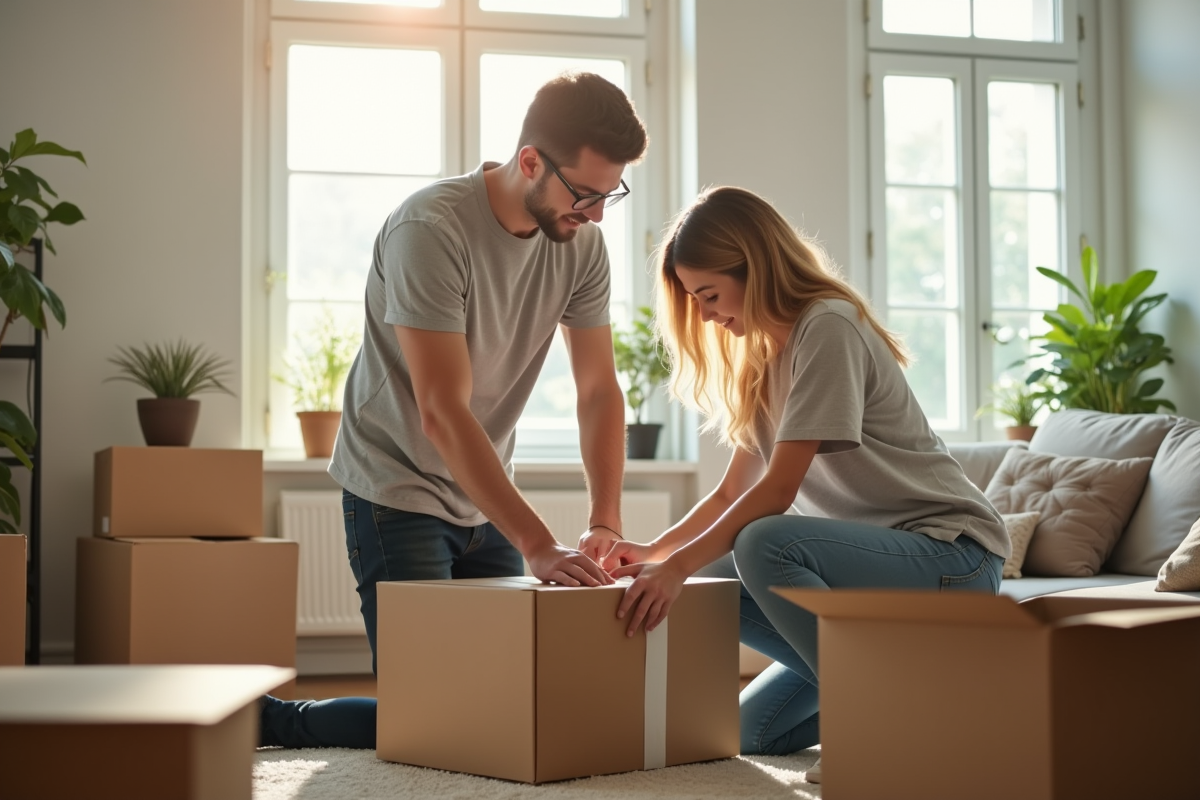 Jeune couple emballant des caisses dans un salon lumineux