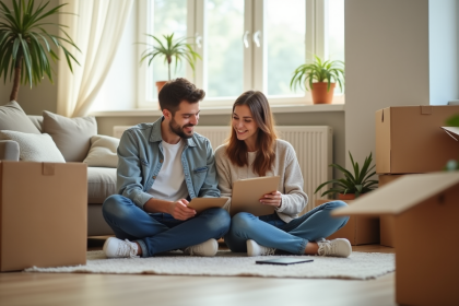 Jeune couple planifiant leur déménagement ensoleillé