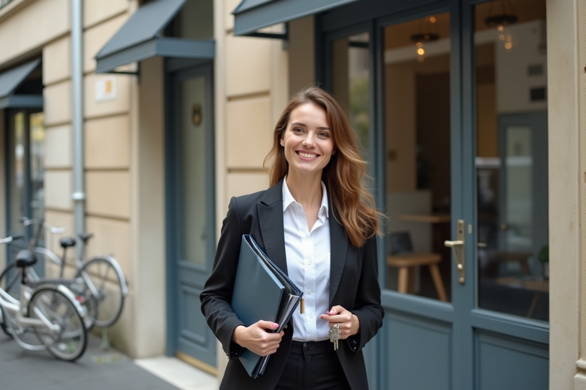 Jeune femme professionnelle devant un immeuble moderne en ville