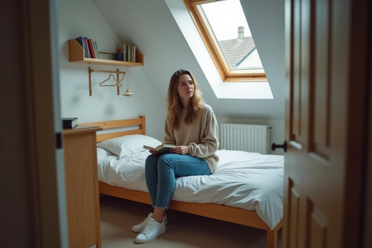 Jeune femme en jeans dans une chambre en attic