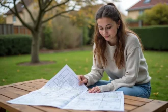 Jeune femme examine une carte de terrain dans un jardin