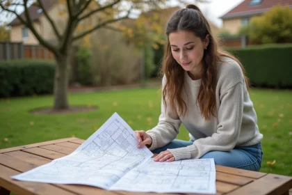 Jeune femme examine une carte de terrain dans un jardin
