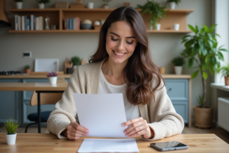 Jeune femme souriante vérifiant un contrat de location dans un appartement moderne