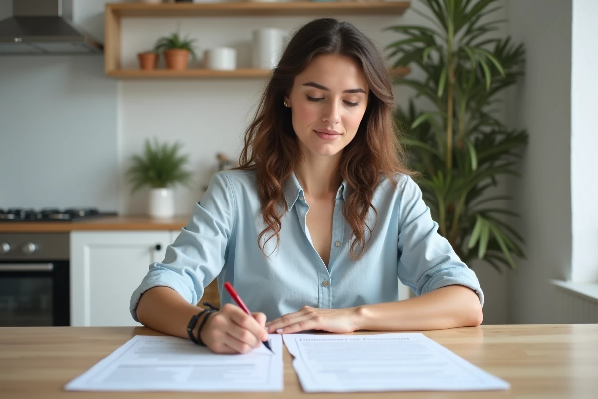 Jeune femme en intérieur moderne examine un contrat de location