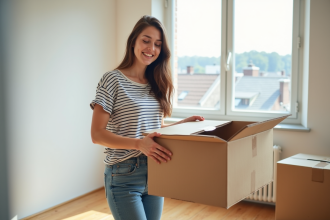 Jeune femme souriante déballant une box dans un appartement lumineux