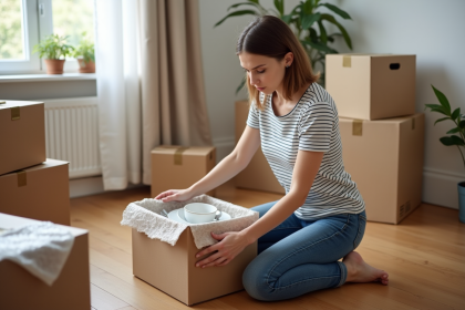 Jeune femme emballant la cuisine dans un appartement moderne