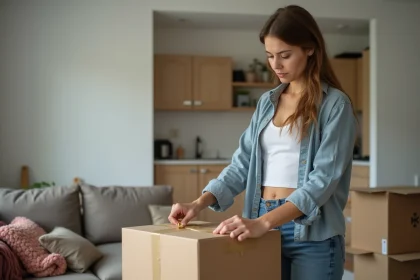 Jeune femme emballant une boxe dans un salon moderne