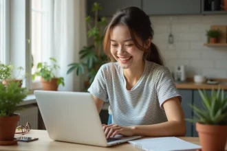 Jeune femme souriante dans son appartement lumineux