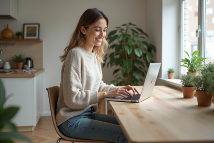Jeune femme étudiante travaillant sur son ordinateur dans un appartement moderne