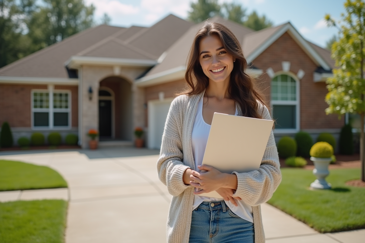 Jeune femme souriante devant sa maison en banlieue