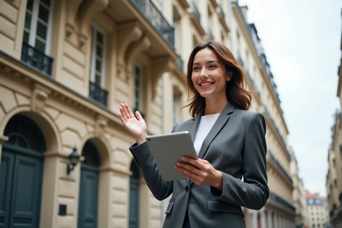 Jeune femme professionnelle devant un immeuble parisien