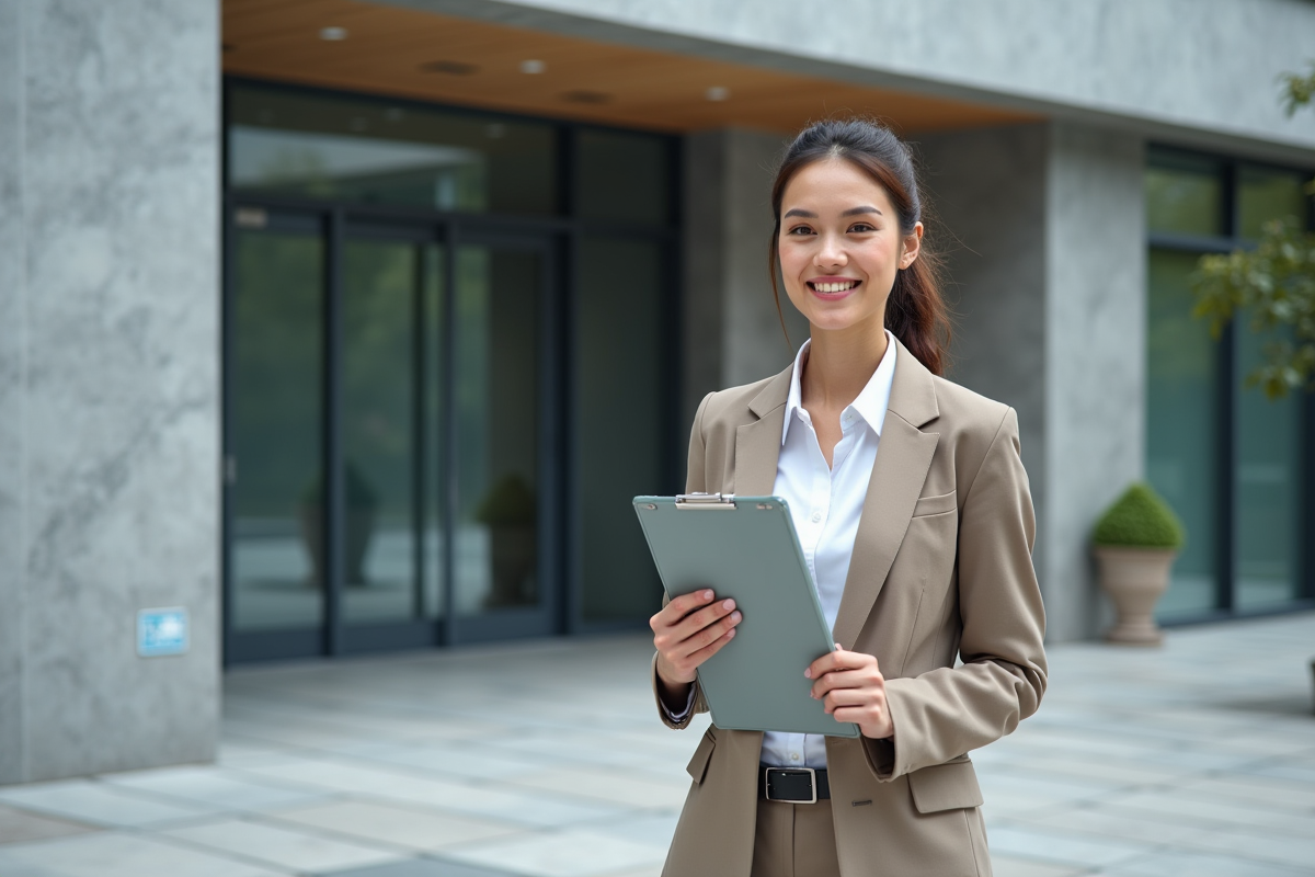 Jeune femme professionnelle devant un immeuble récent