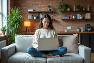 Jeune femme sur un canapé-lit dans un studio moderne
