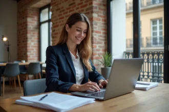 Jeune femme professionnelle à Lyon utilisant un ordinateur dans un appartement