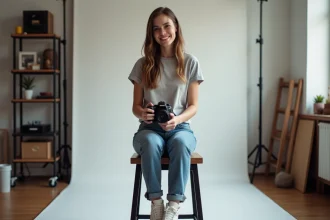 Jeune femme souriante avec appareil photo dans un studio moderne
