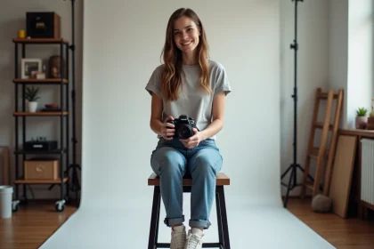 Jeune femme souriante avec appareil photo dans un studio moderne