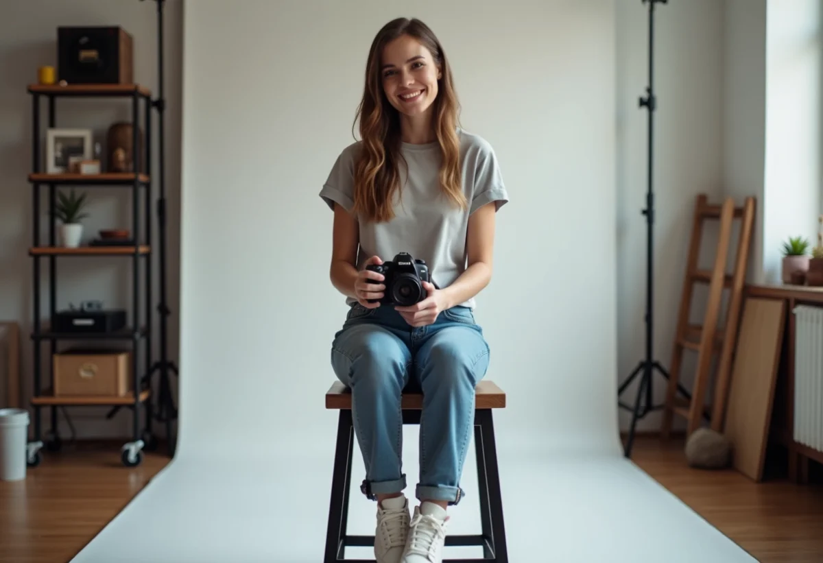 Jeune femme souriante avec appareil photo dans un studio moderne