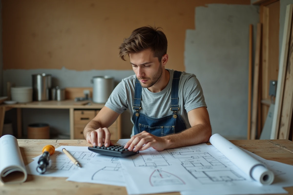 Jeune homme travaillant sur un plan de renovation avec calculatrice