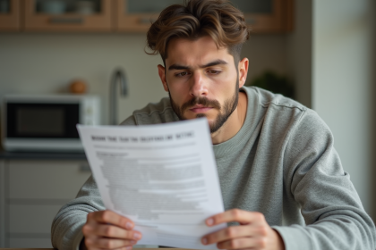 Jeune homme lisant un document locatif dans sa cuisine